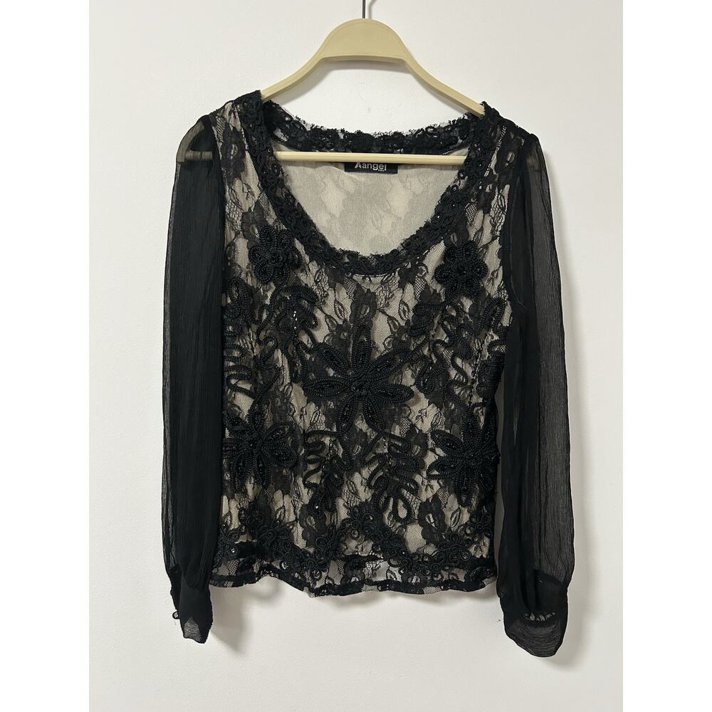 Witchy Lace Long Sleeve Top Sheer Zipper Goth Emo Sequin Womens Size XS